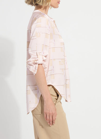 Lysse Ashanti Roll Tab Printed V Neck Shirt Barely Geo