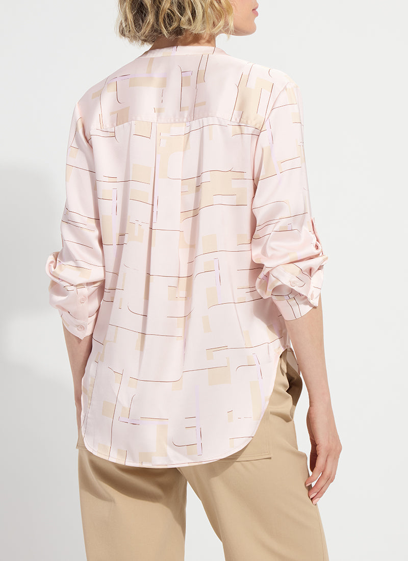 Lysse Ashanti Roll Tab Printed V Neck Shirt Barely Geo