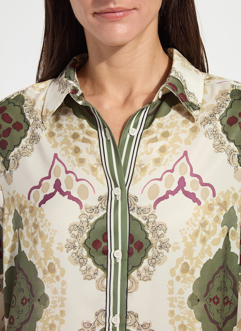 Lysse Ishani Roll Tab Printed Shirt Placed Artful Scarf