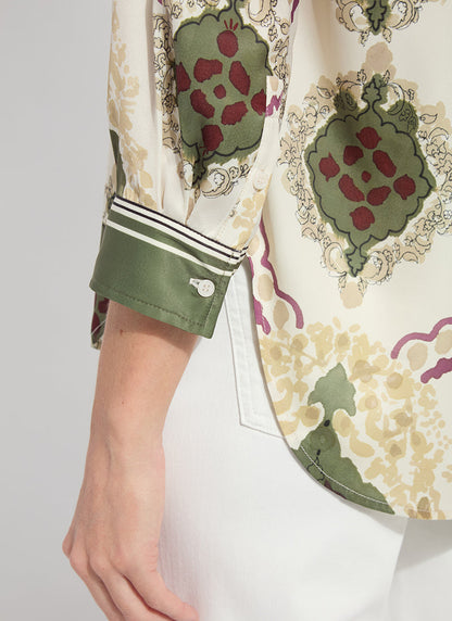 Lysse Ishani Roll Tab Printed Shirt Placed Artful Scarf
